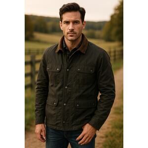 Martin + Osa Waxed Cotton Black Utility Jacket -Plaid Lined, Corduroy Collar (L)